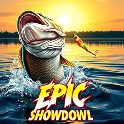 A captivating thumbnail illustrating a colossal bass fish dramatically breaching the water, focusing intently on a vividly colored Jitterbug lure