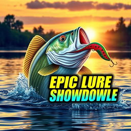 A captivating thumbnail illustrating a colossal bass fish dramatically breaching the water, focusing intently on a vividly colored Jitterbug lure