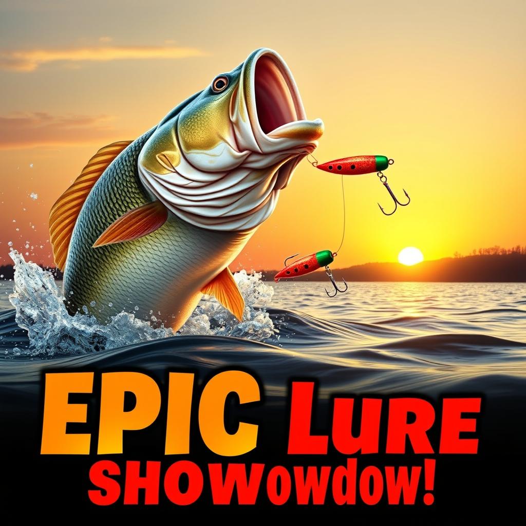 A captivating thumbnail illustrating a colossal bass fish dramatically breaching the water, focusing intently on a vividly colored Jitterbug lure