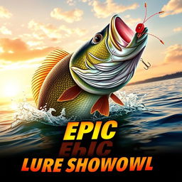 A captivating thumbnail illustrating a colossal bass fish dramatically breaching the water, focusing intently on a vividly colored Jitterbug lure