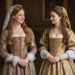 Portia from Shakespeare's 'Merchant of Venice' with long, flowing golden hair and her friend Nerissa with brown hair. Both are dressed in traditional Elizabethan attire, having a conversation in a beautifully decorated Renaissance room.