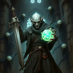 A bald elf necromancer with gray skin, brandishing an ancient sword and conjuring a magical orb pulsing with necrotic energy