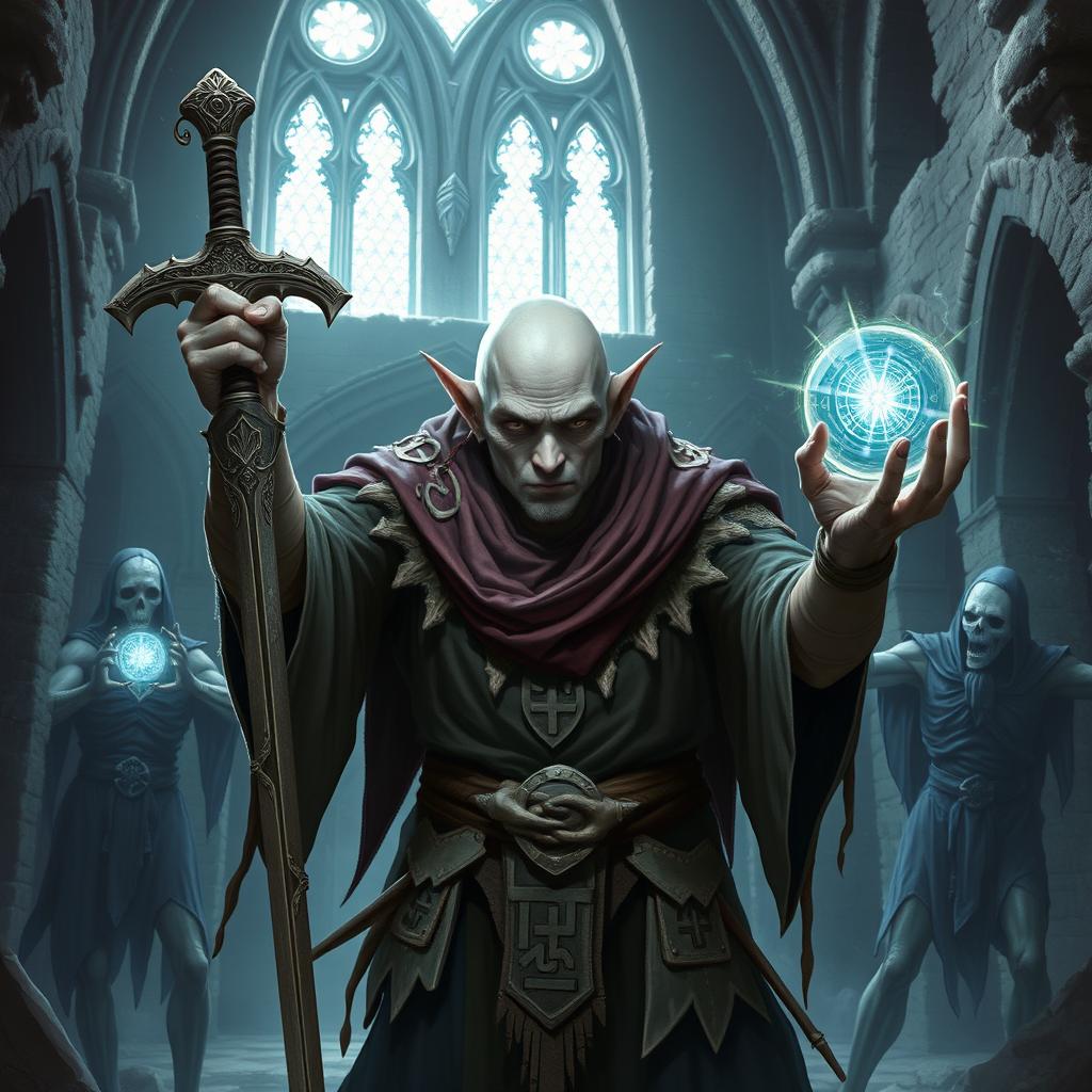 A bald elf necromancer with gray skin, brandishing an ancient sword and conjuring a magical orb pulsing with necrotic energy