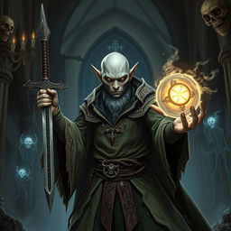 A bald elf necromancer with gray skin, brandishing an ancient sword and conjuring a magical orb pulsing with necrotic energy