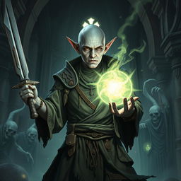 A bald elf necromancer with gray skin, brandishing an ancient sword and conjuring a magical orb pulsing with necrotic energy