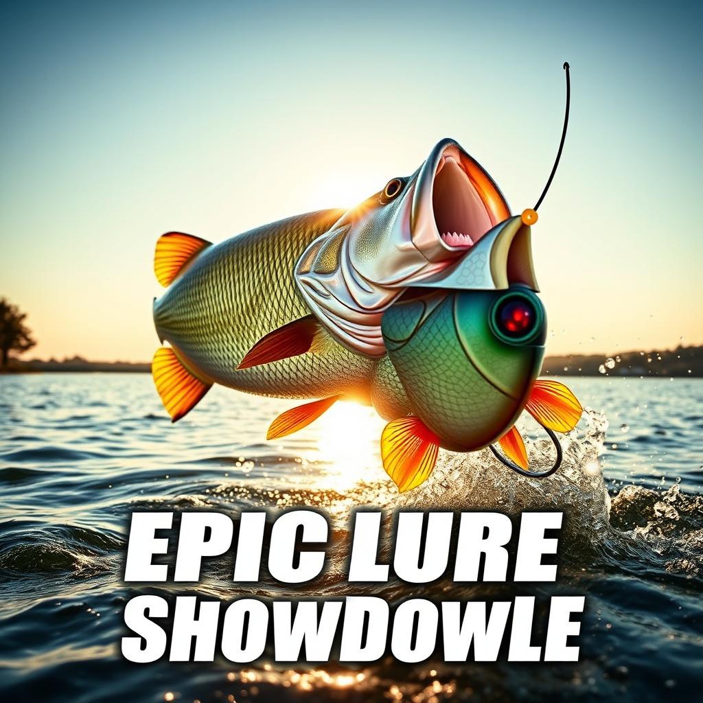 A dynamic thumbnail showcasing a massive bass fish leaping out of the shimmering water, its scales sparkling in the sunlight, as it heads towards an eye-catching Jitterbug lure