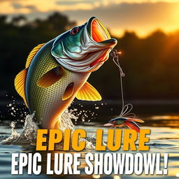 A dynamic thumbnail showcasing a massive bass fish leaping out of the shimmering water, its scales sparkling in the sunlight, as it heads towards an eye-catching Jitterbug lure