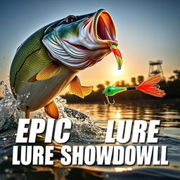 A dynamic thumbnail showcasing a massive bass fish leaping out of the shimmering water, its scales sparkling in the sunlight, as it heads towards an eye-catching Jitterbug lure