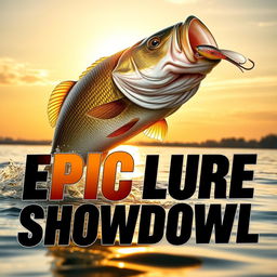 A dynamic thumbnail showcasing a massive bass fish leaping out of the shimmering water, its scales sparkling in the sunlight, as it heads towards an eye-catching Jitterbug lure