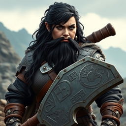 A robust dwarf woman of the barbarian class, her fierce black hair cascading alongside a well-crafted and impressive beard