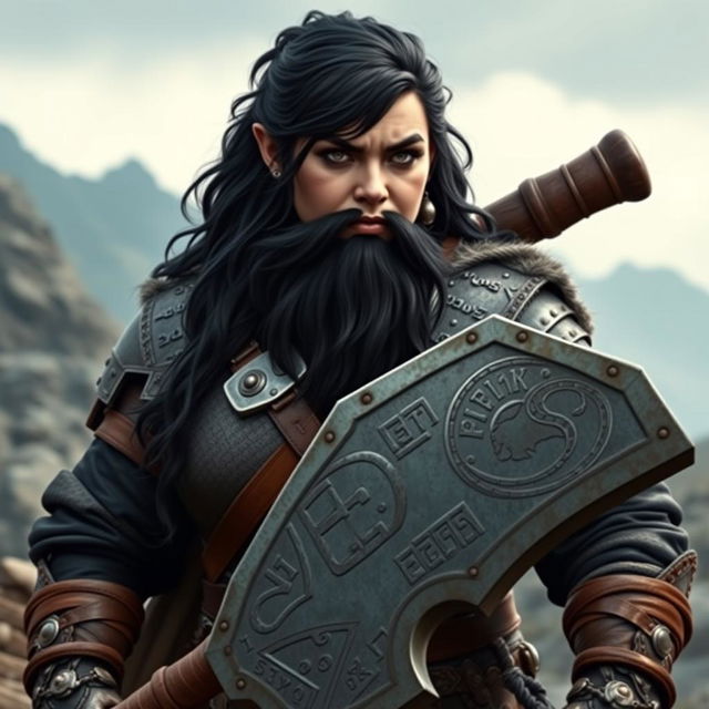 A robust dwarf woman of the barbarian class, her fierce black hair cascading alongside a well-crafted and impressive beard