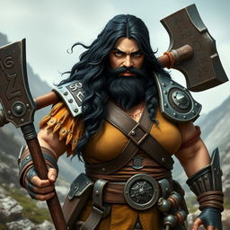 A robust dwarf woman of the barbarian class, her fierce black hair cascading alongside a well-crafted and impressive beard