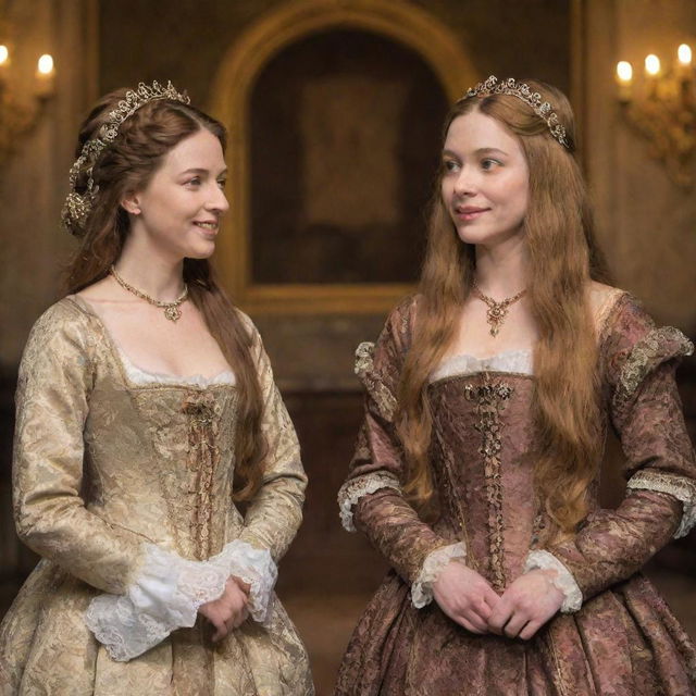 Portia from Shakespeare's 'Merchant of Venice' with long, flowing golden hair and her friend Nerissa with brown hair. Both are dressed in traditional Elizabethan attire, having a conversation in a beautifully decorated Renaissance room.