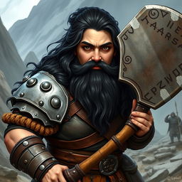 A robust dwarf woman of the barbarian class, her fierce black hair cascading alongside a well-crafted and impressive beard