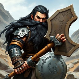 A robust dwarf woman of the barbarian class, her fierce black hair cascading alongside a well-crafted and impressive beard