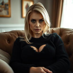 A cozy, intimate portrait of a thin blonde dominatrix with large breasts, seated confidently on a lush sofa