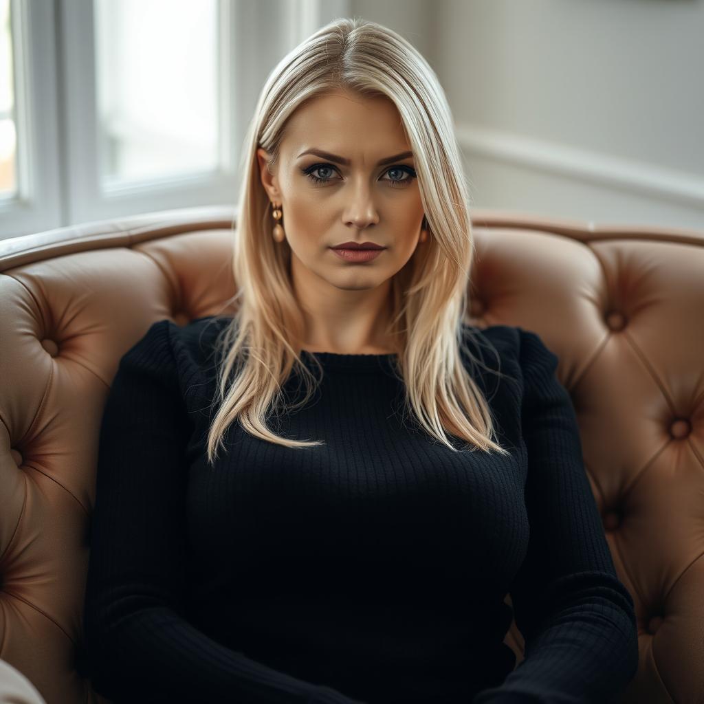 A cozy, intimate portrait of a thin blonde dominatrix with large breasts, seated confidently on a lush sofa