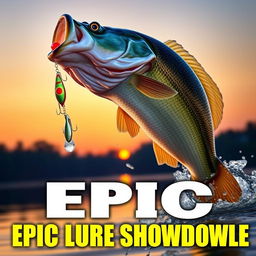 A stunning thumbnail featuring an enormous bass fish leaping out of the water, with water droplets frozen in mid-air, eyeing a brightly colored Jitterbug lure