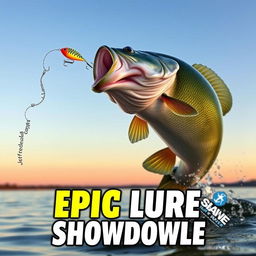 A stunning thumbnail featuring an enormous bass fish leaping out of the water, with water droplets frozen in mid-air, eyeing a brightly colored Jitterbug lure