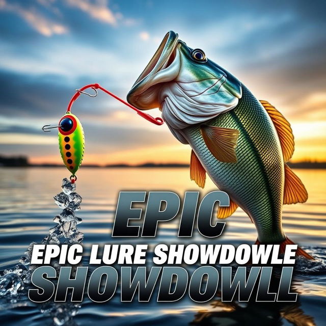 A stunning thumbnail featuring an enormous bass fish leaping out of the water, with water droplets frozen in mid-air, eyeing a brightly colored Jitterbug lure