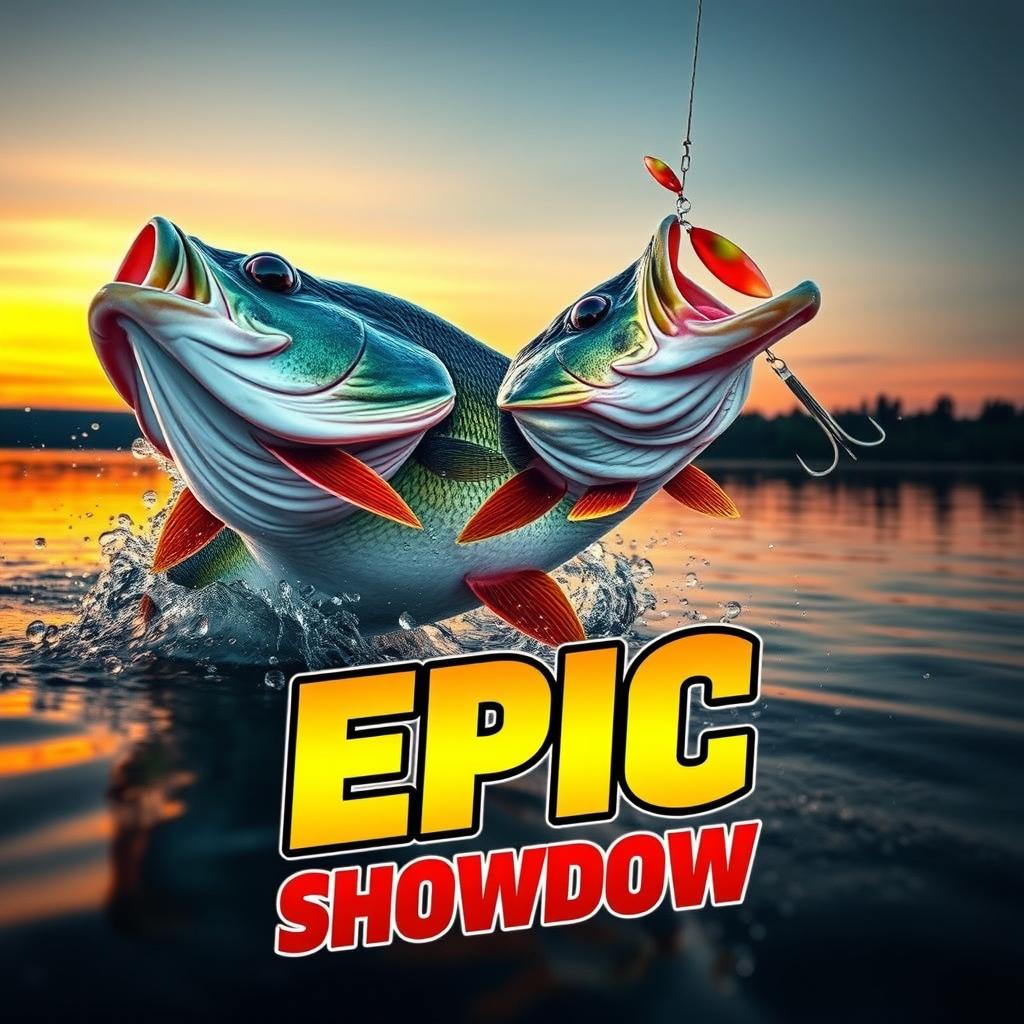 An engaging thumbnail featuring a huge bass fish energetically leaping out of the water with shimmering droplets surrounding it, targeting a Jitterbug lure in vibrant colors