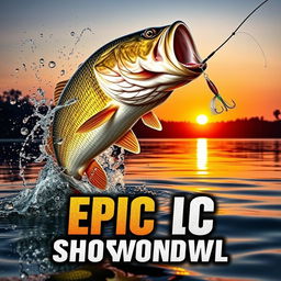 An engaging thumbnail featuring a huge bass fish energetically leaping out of the water with shimmering droplets surrounding it, targeting a Jitterbug lure in vibrant colors