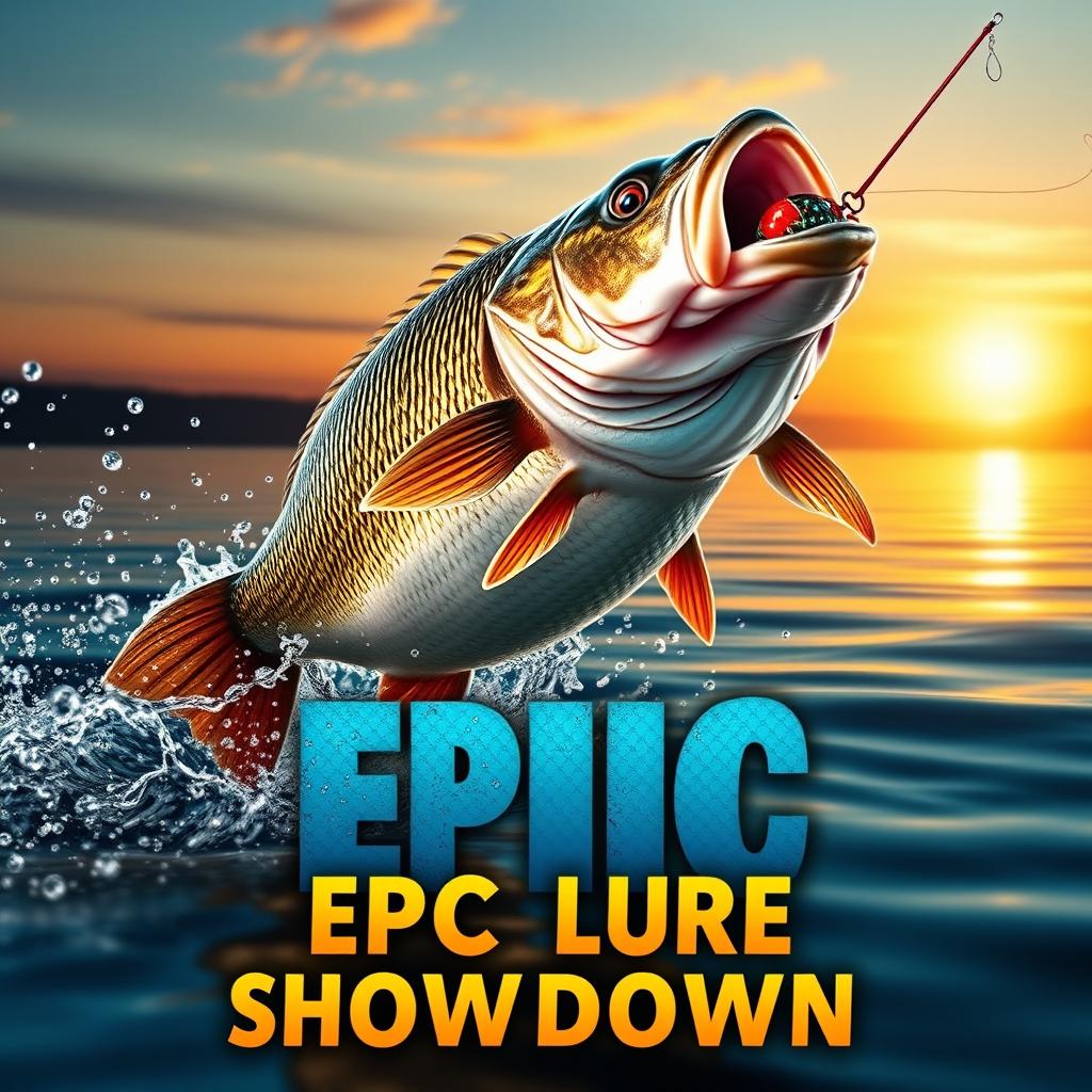 An engaging thumbnail featuring a huge bass fish energetically leaping out of the water with shimmering droplets surrounding it, targeting a Jitterbug lure in vibrant colors