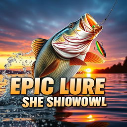 An engaging thumbnail featuring a huge bass fish energetically leaping out of the water with shimmering droplets surrounding it, targeting a Jitterbug lure in vibrant colors