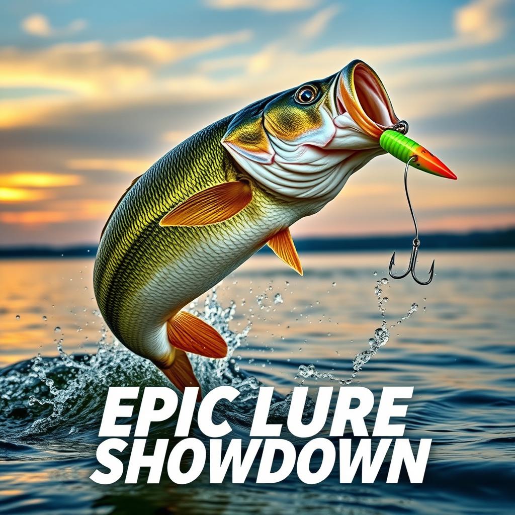 A captivating thumbnail displaying a gigantic bass fish leaping energetically out of the water, with sparkling water droplets around it