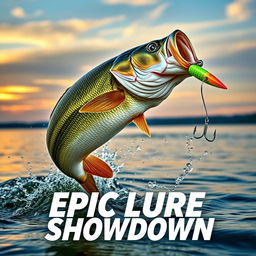 A captivating thumbnail displaying a gigantic bass fish leaping energetically out of the water, with sparkling water droplets around it