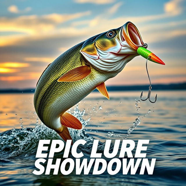 A captivating thumbnail displaying a gigantic bass fish leaping energetically out of the water, with sparkling water droplets around it