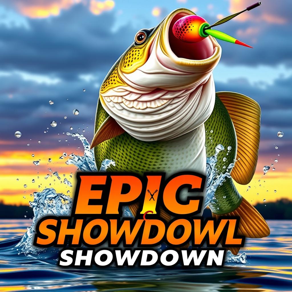 An eye-catching thumbnail illustrating a massive bass fish bursting out of the water with droplets glittering around it, intensely pursuing a vividly colored Jitterbug lure