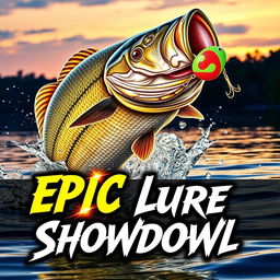 An eye-catching thumbnail illustrating a massive bass fish bursting out of the water with droplets glittering around it, intensely pursuing a vividly colored Jitterbug lure