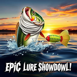 An eye-catching thumbnail illustrating a massive bass fish bursting out of the water with droplets glittering around it, intensely pursuing a vividly colored Jitterbug lure