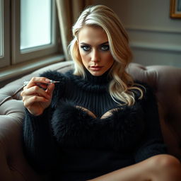 A cozy, intimate portrait of a thin blonde dominatrix with large breasts, seated with poise on a lush sofa