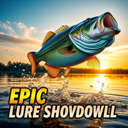 A vibrant thumbnail depicting a large bass fish dramatically leaping from the water, droplets scattered in its wake as it hungrily chases after a vivid Jitterbug lure