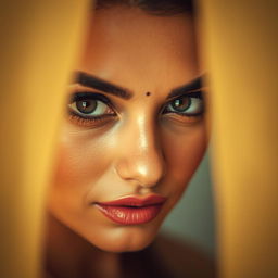 A captivating portrait of a woman with expressive eyes adorned with kajal, emphasizing the depth and allure of her gaze