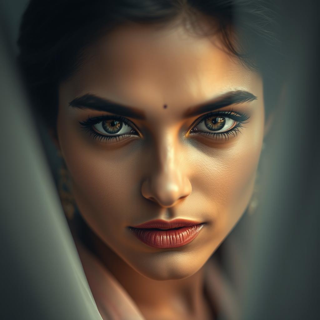 A captivating portrait of a woman with expressive eyes adorned with kajal, emphasizing the depth and allure of her gaze