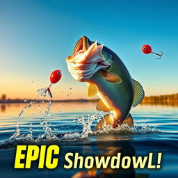 A vibrant thumbnail depicting a large bass fish dramatically leaping from the water, droplets scattered in its wake as it hungrily chases after a vivid Jitterbug lure