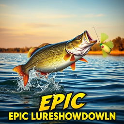 A vibrant thumbnail depicting a large bass fish dramatically leaping from the water, droplets scattered in its wake as it hungrily chases after a vivid Jitterbug lure