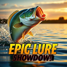 A vibrant thumbnail depicting a large bass fish dramatically leaping from the water, droplets scattered in its wake as it hungrily chases after a vivid Jitterbug lure