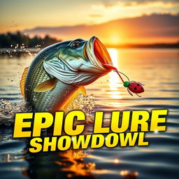 A thrilling thumbnail featuring a giant bass fish explosively erupting from the water, with shimmering droplets surrounding it