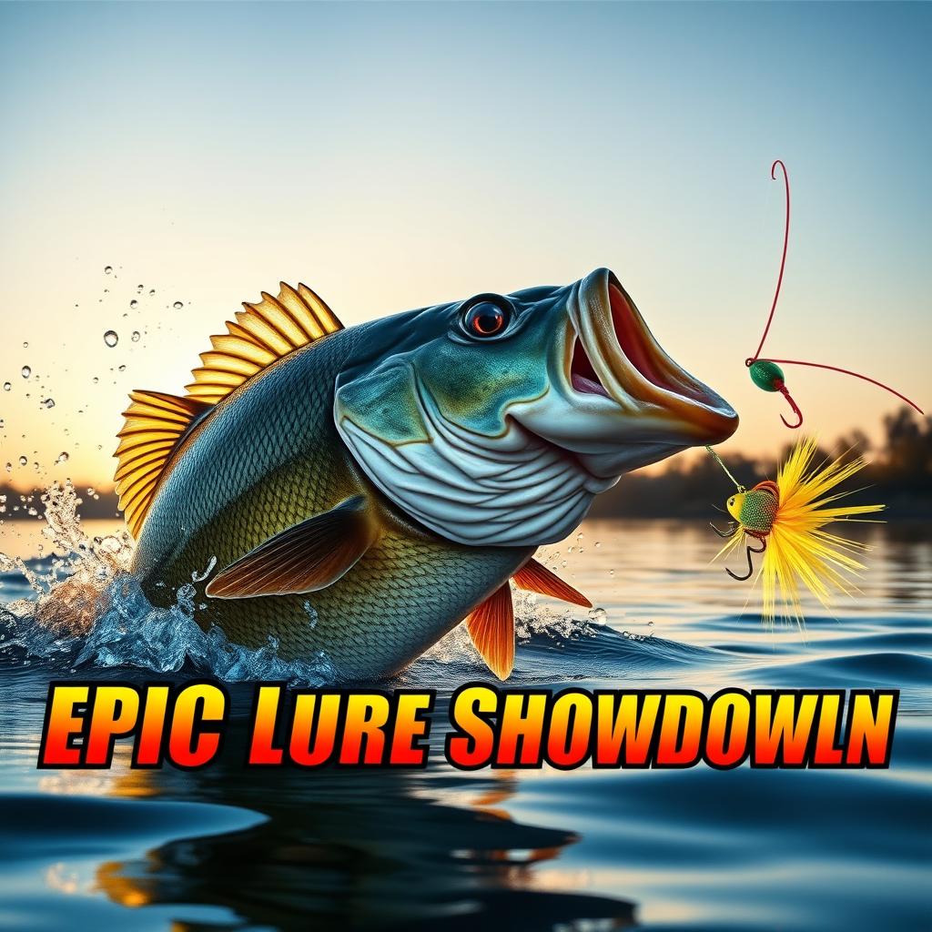 A thrilling thumbnail featuring a giant bass fish explosively erupting from the water, with shimmering droplets surrounding it