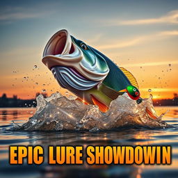 A thrilling thumbnail featuring a giant bass fish explosively erupting from the water, with shimmering droplets surrounding it