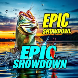 A thrilling thumbnail featuring a giant bass fish explosively erupting from the water, with shimmering droplets surrounding it