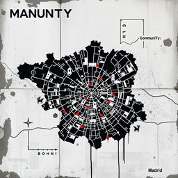 A contemporary map of the Community of Madrid, creatively depicted in the distinctive style of Banksy