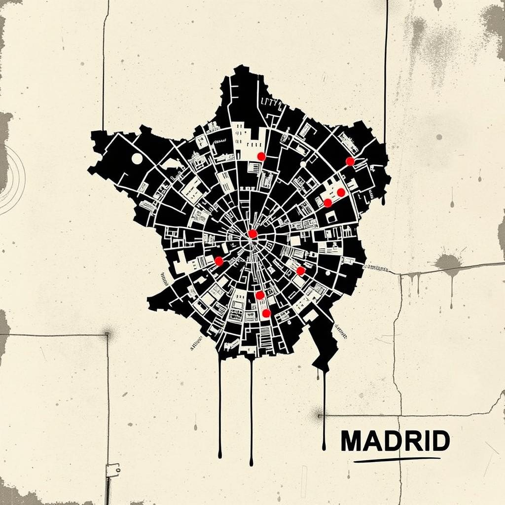 A contemporary map of the Community of Madrid, creatively depicted in the distinctive style of Banksy