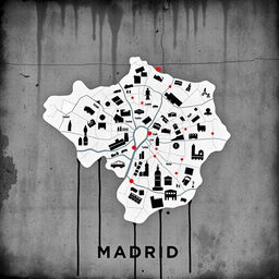 A contemporary map of the Community of Madrid, creatively depicted in the distinctive style of Banksy