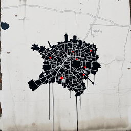 A contemporary map of the Community of Madrid, creatively depicted in the distinctive style of Banksy