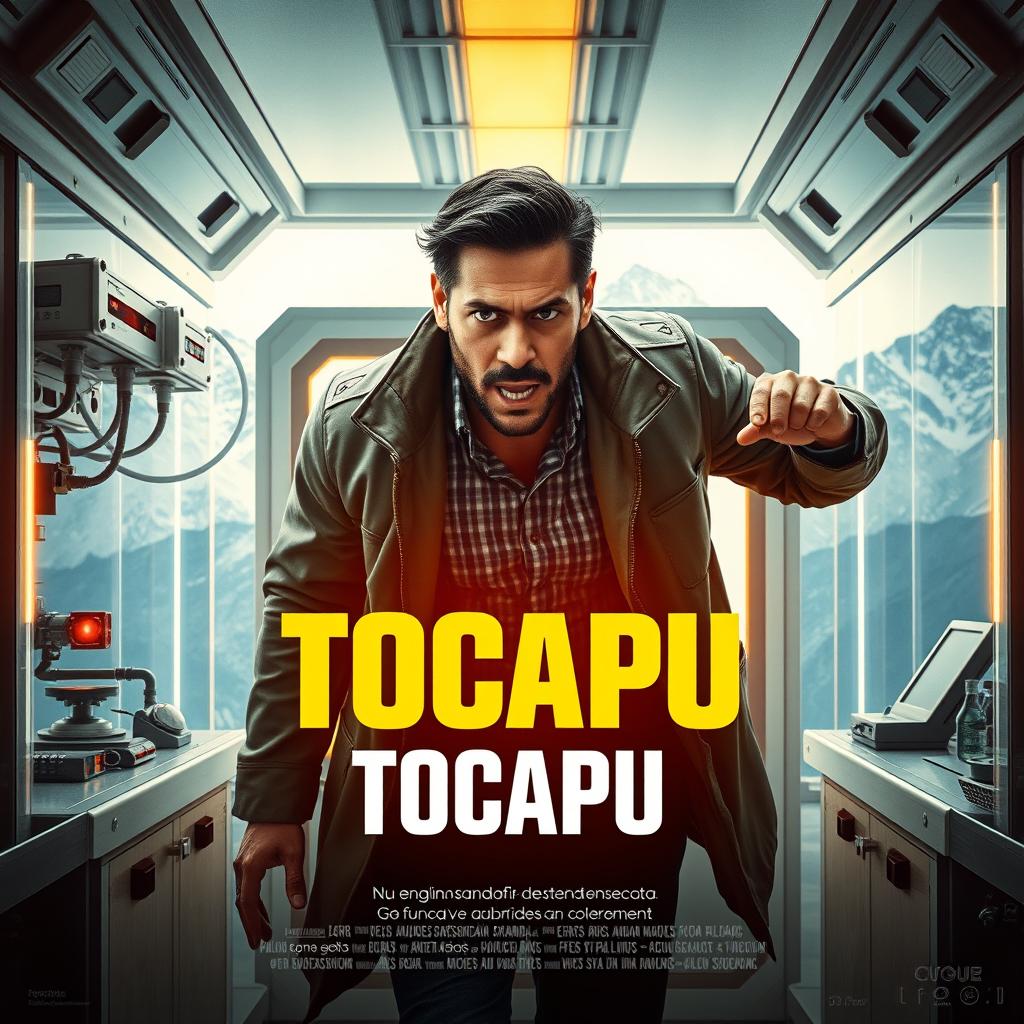 A movie poster for a sci-fi thriller film titled "Tocapu," featuring Peruvian actor Jason Day as a businessman escaping through a Neo-Andean laboratory, set in the midst of the stunning Andean mountains